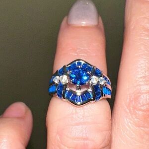 Sapphire and Diamond lab stone gemstone ring with silver band size 5